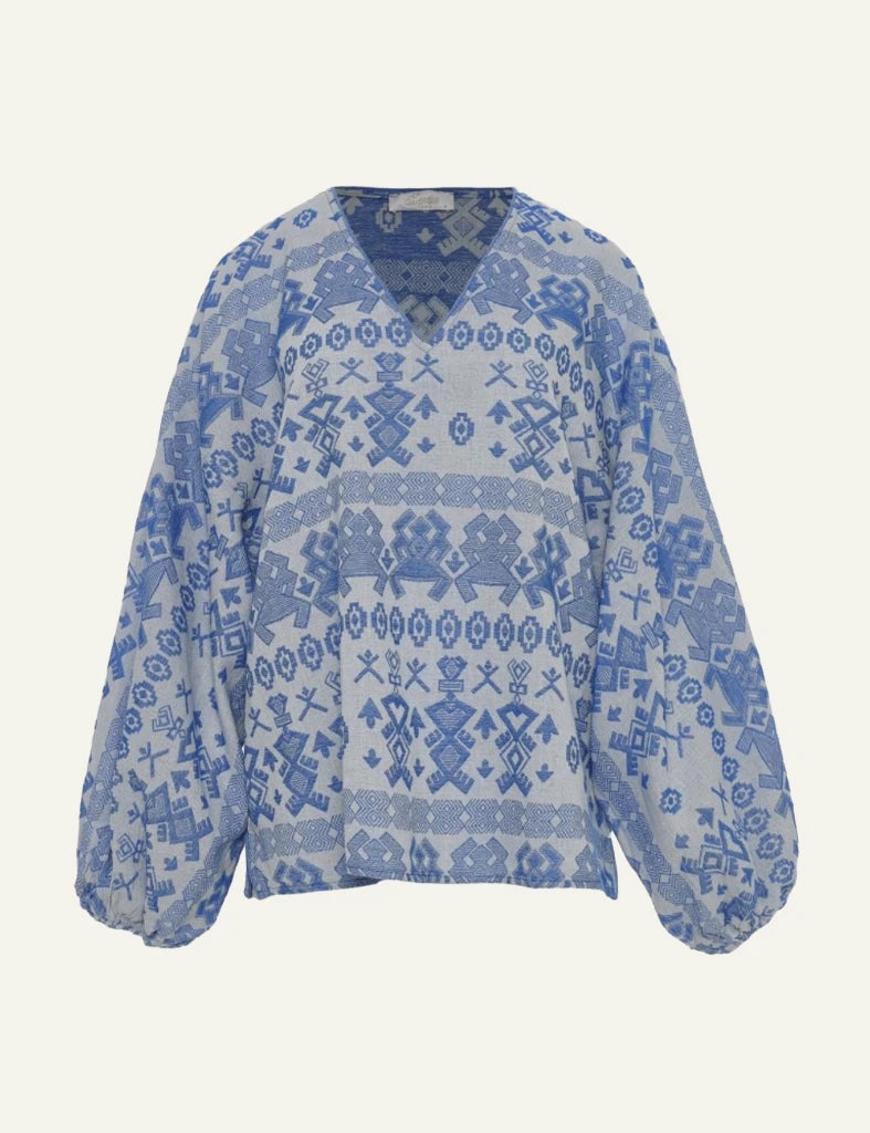 Devotion Twins Wildwood blouse blue jacquard cotton loose fit front flat view