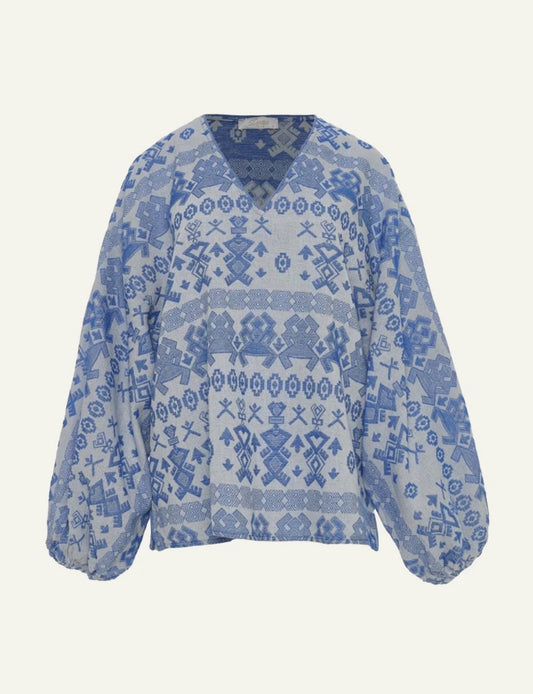 Devotion Twins Wildwood blouse blue jacquard cotton loose fit front flat view