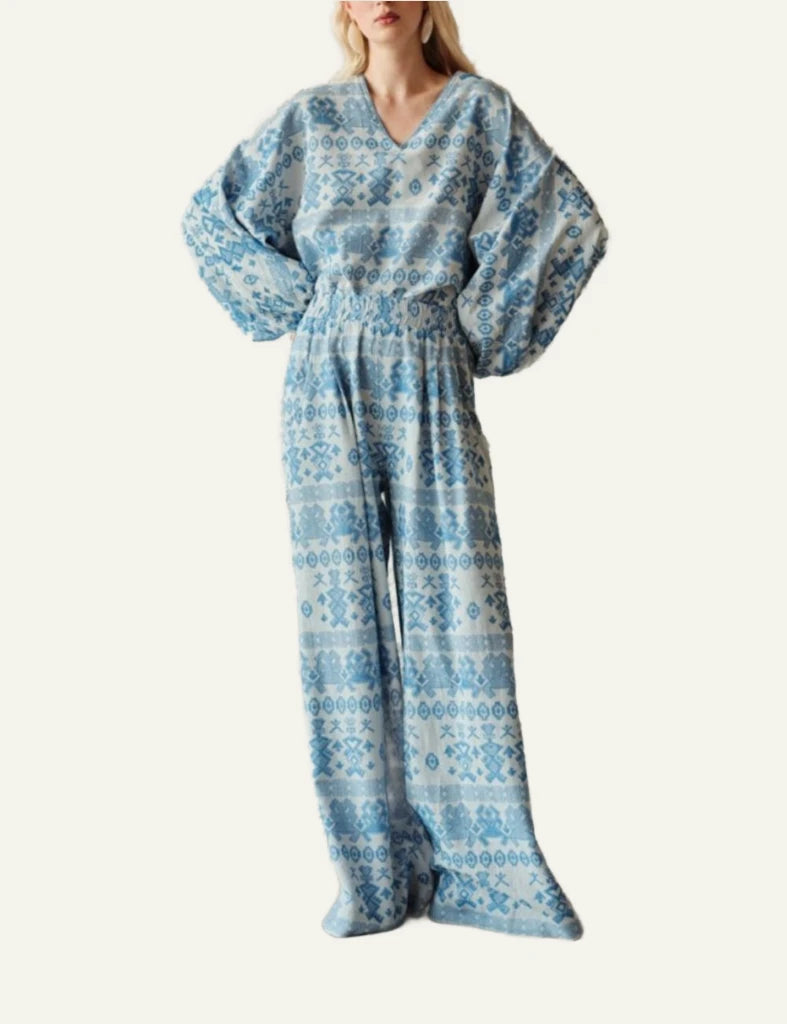 Devotion Twins Wildwood blouse blue jacquard cotton loose fit full body view