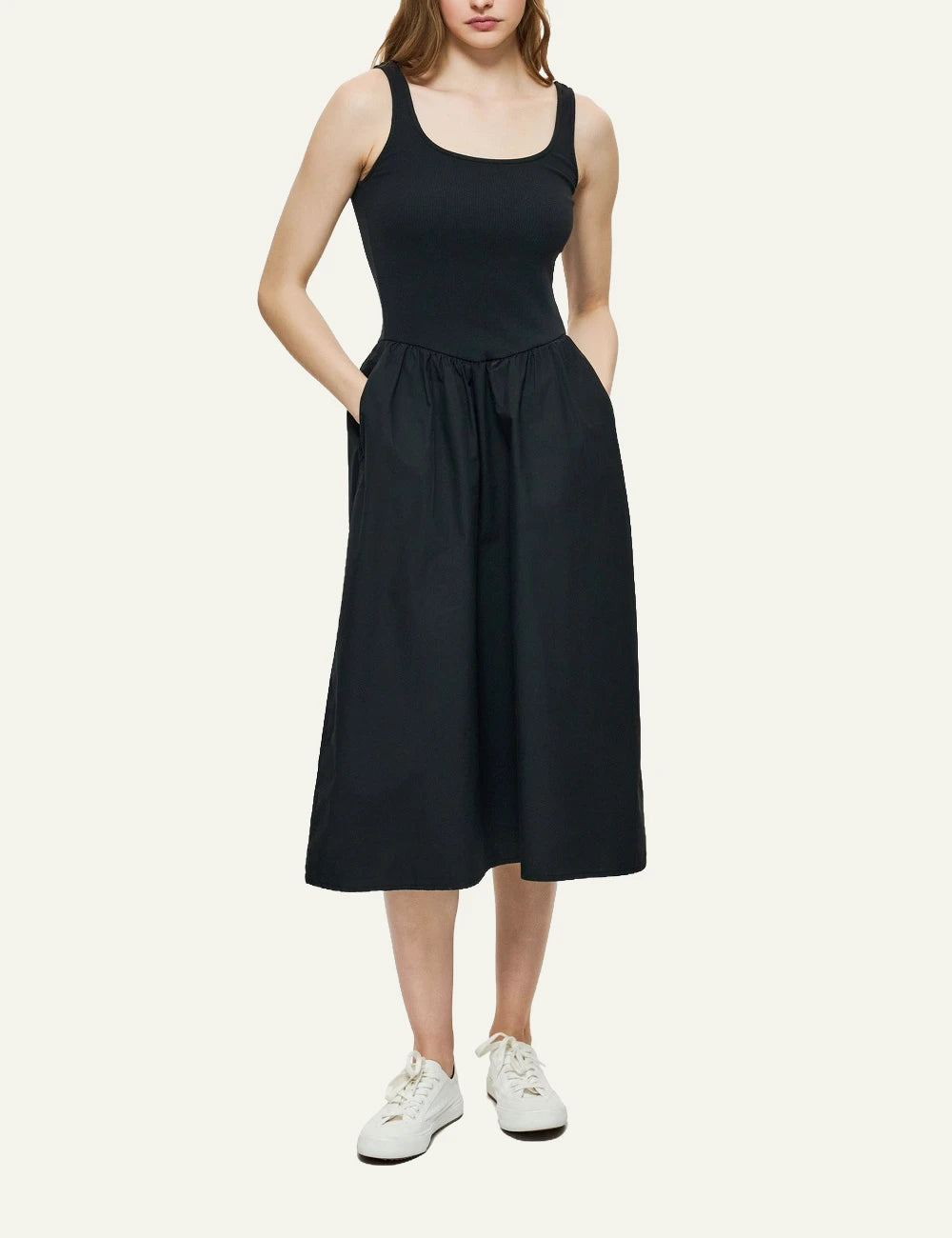 dirty laundry 2 fabric dress black midi tank top skirt flowy front full body view