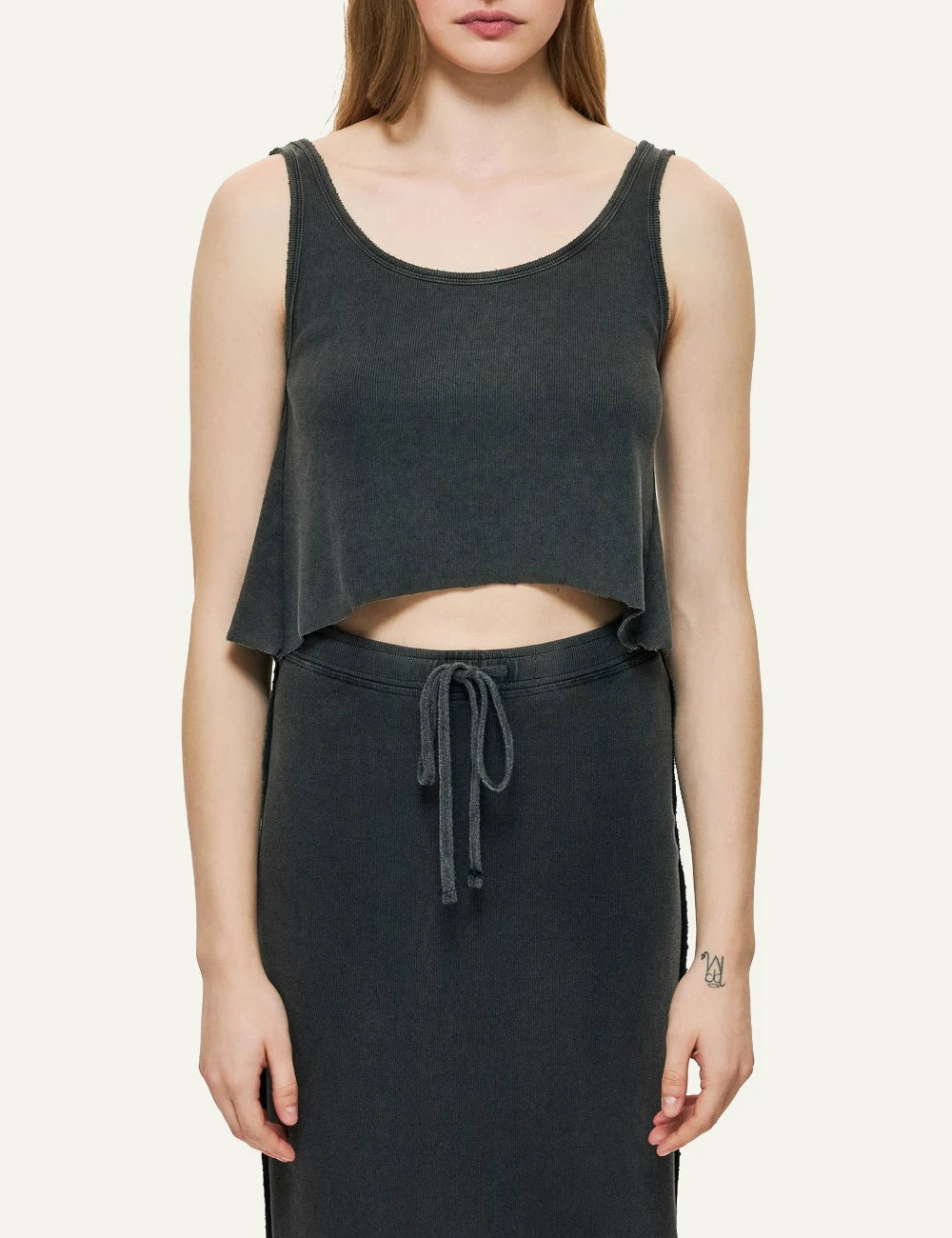dirty laundry black cropped tank top raw edges minimal front model view