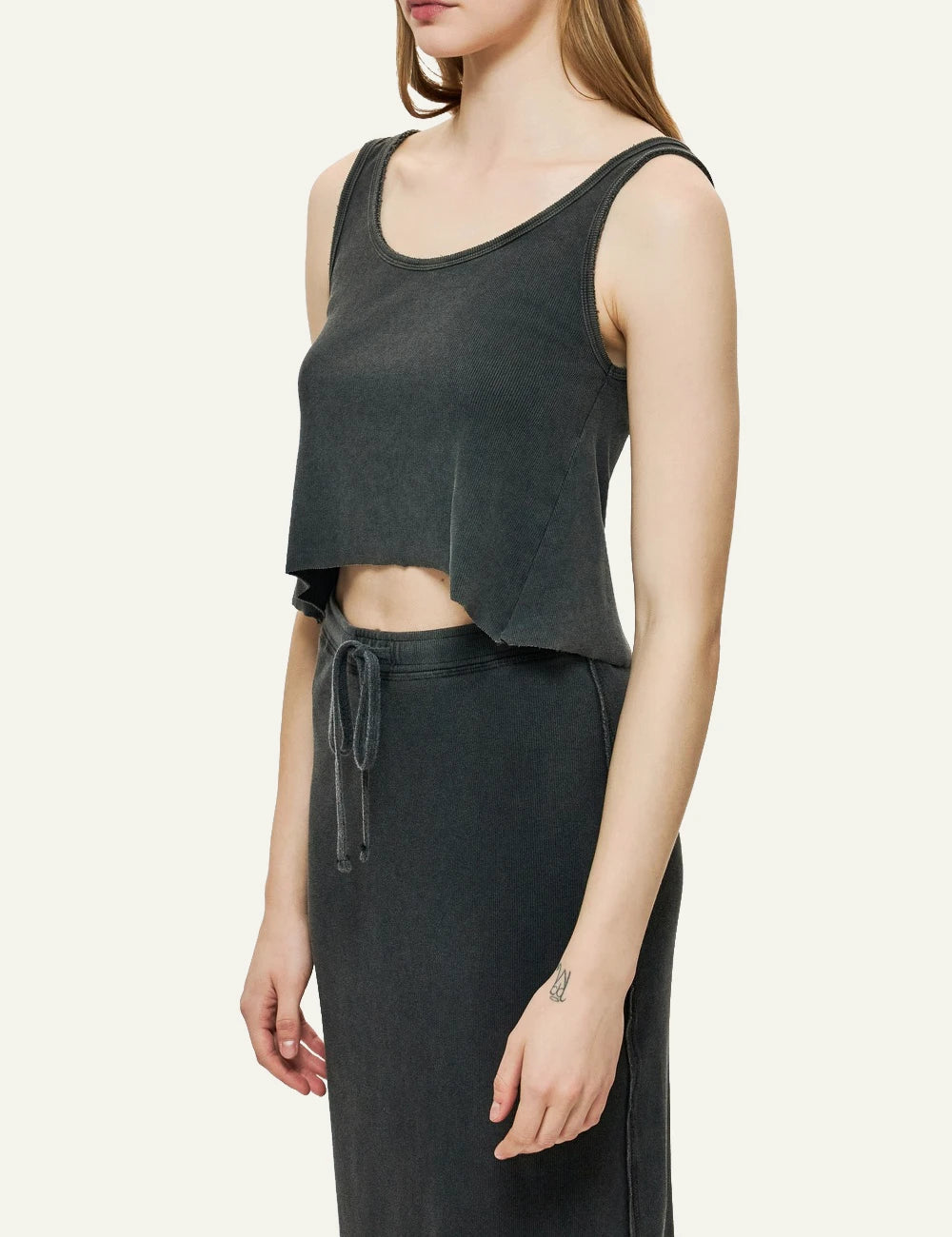 dirty laundry black cropped tank top raw edges minimal side model view