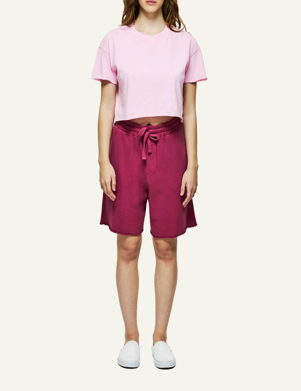 Dirty Laundry boxy t-shirt bubblegum front look model