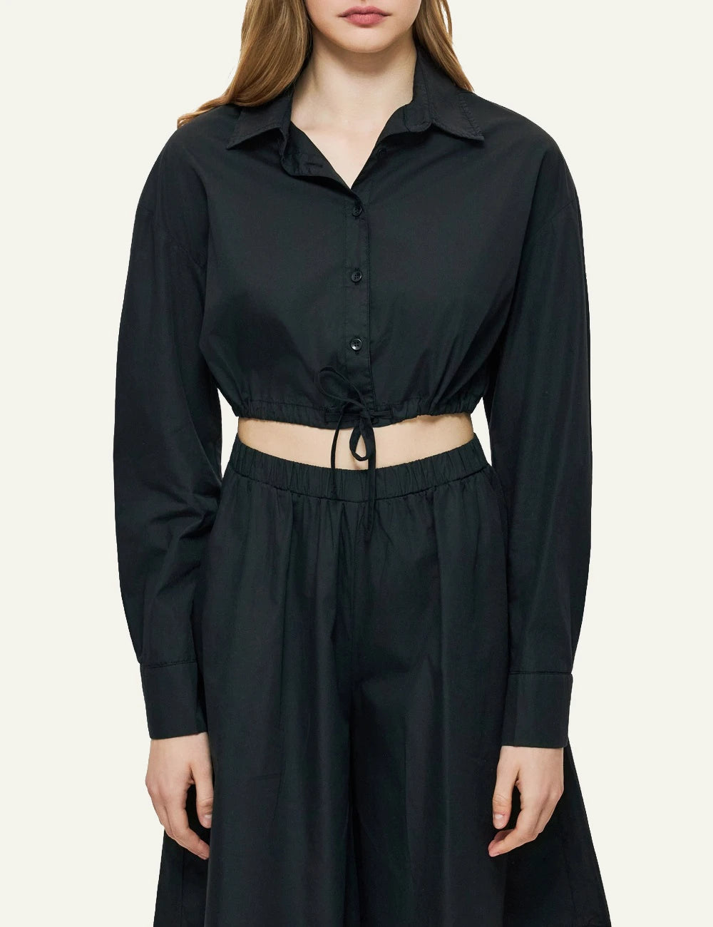dirty laundry cropped shirt black long sleeve drawstring waist front model view