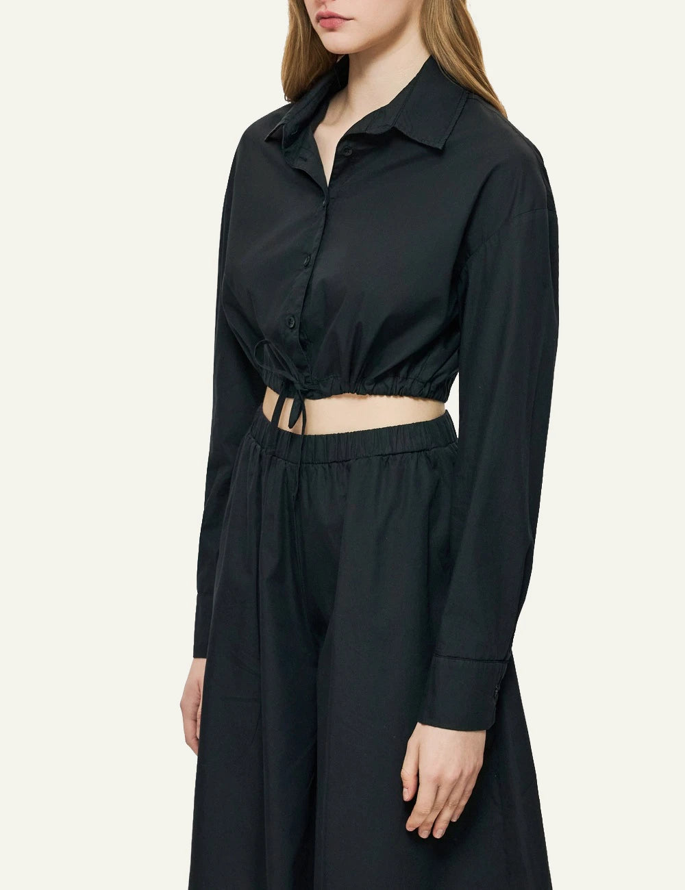 dirty laundry cropped shirt black long sleeve drawstring waist side model view