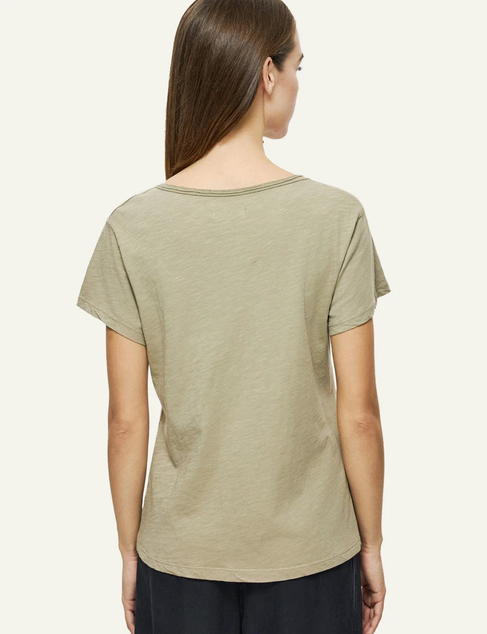 Dirty Laundry khaki v neck t-shirt relaxed fit back model view