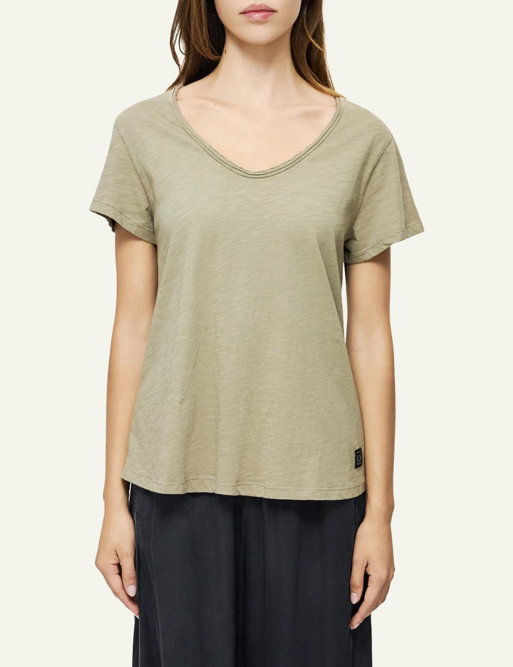 Dirty Laundry khaki v neck t-shirt relaxed fit front model view