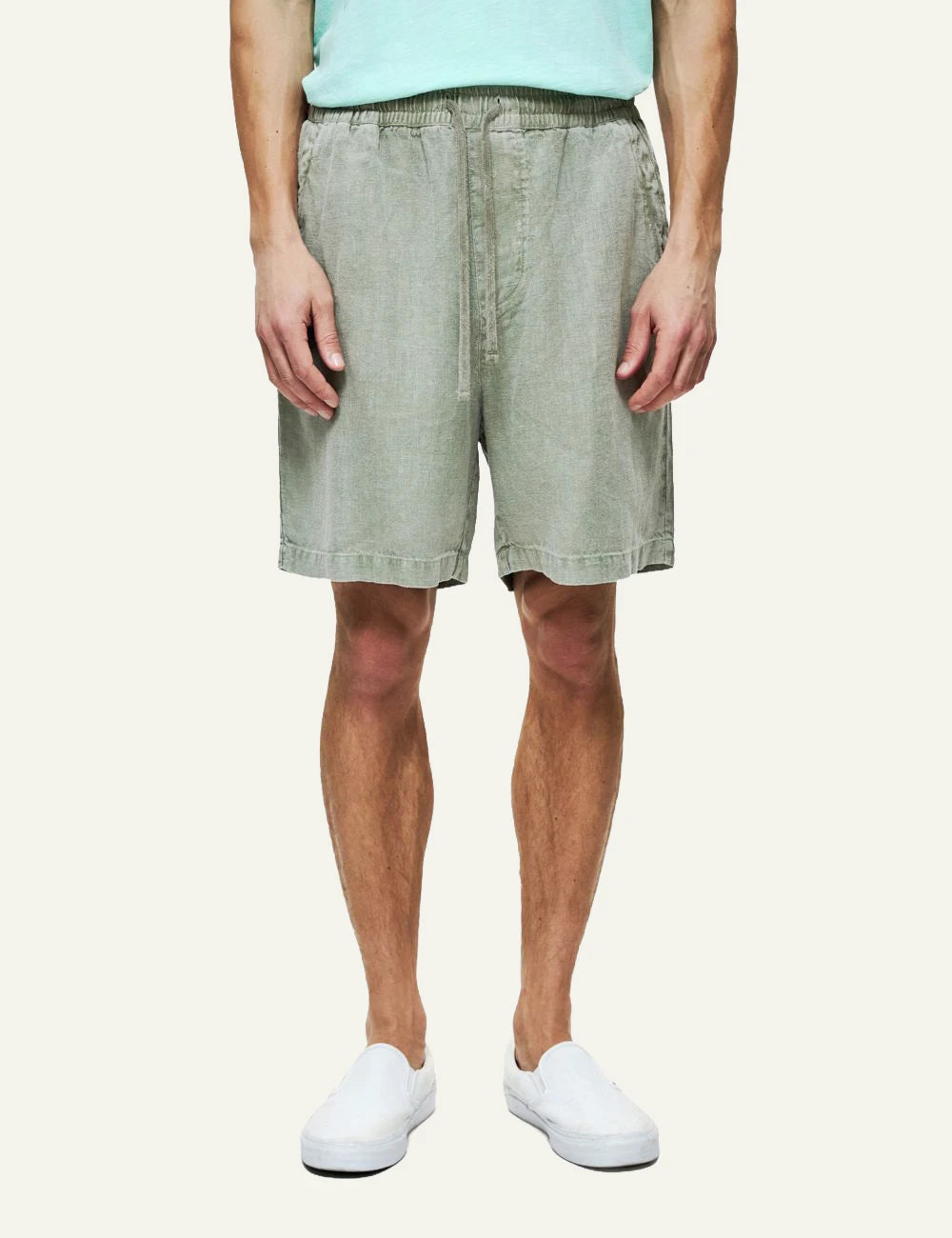 Dirty Laundry linen bermuda shorts sage green relaxed fit front model view