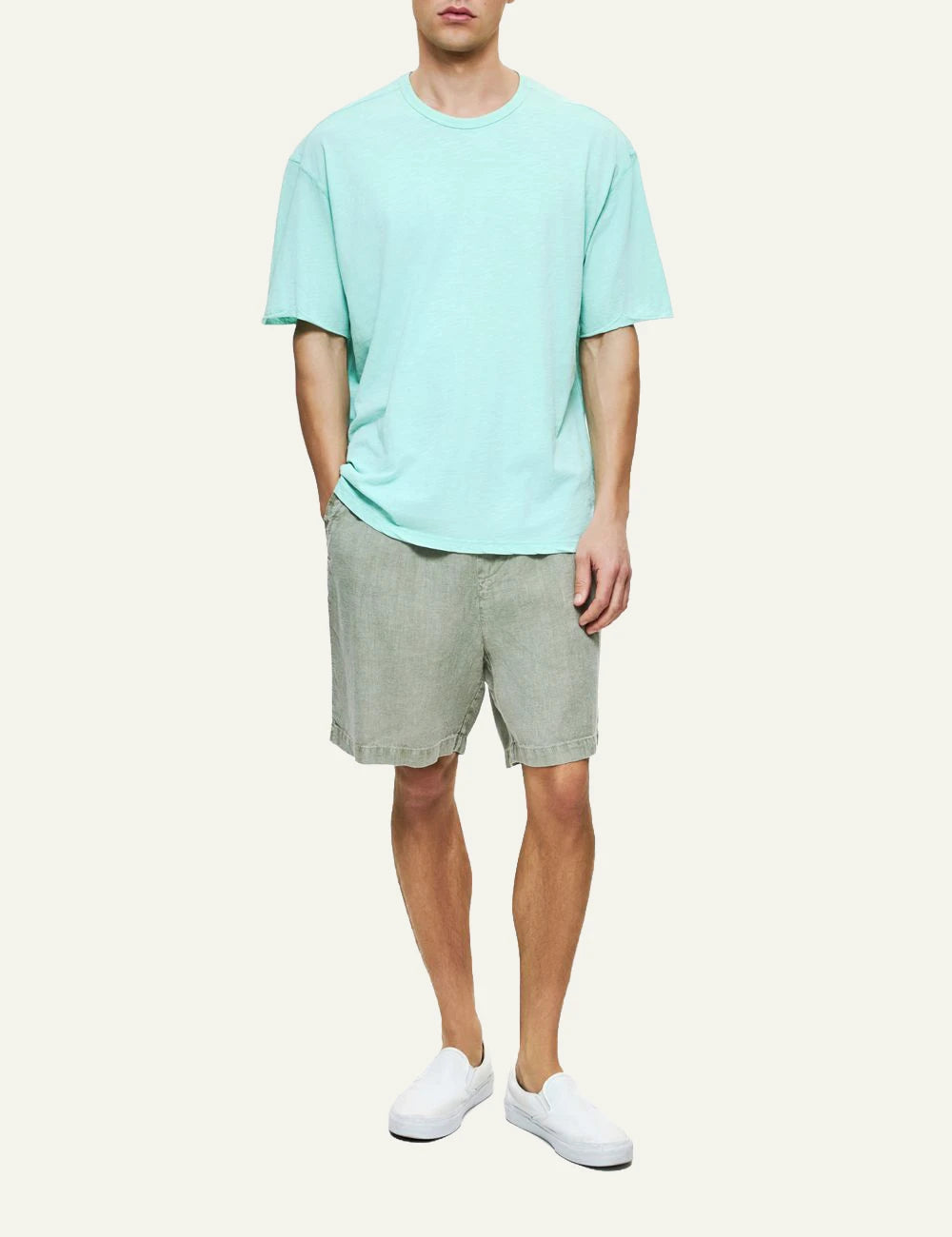 Dirty Laundry linen bermuda shorts sage green relaxed fit front full body view