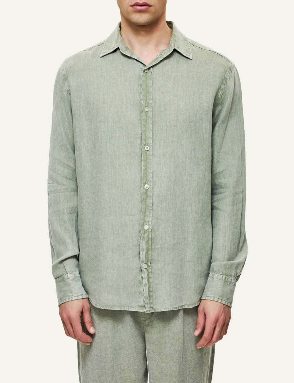 Dirty Laundry linen long sleeve shirt sage green regular fit front model view
