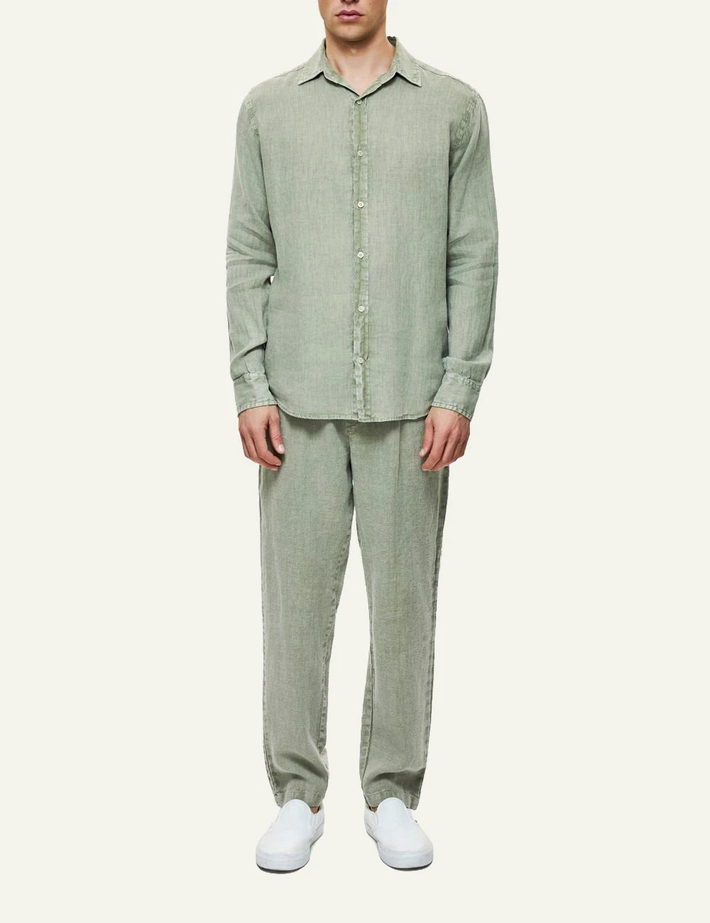 Dirty Laundry linen long sleeve shirt sage green regular fit front full body view