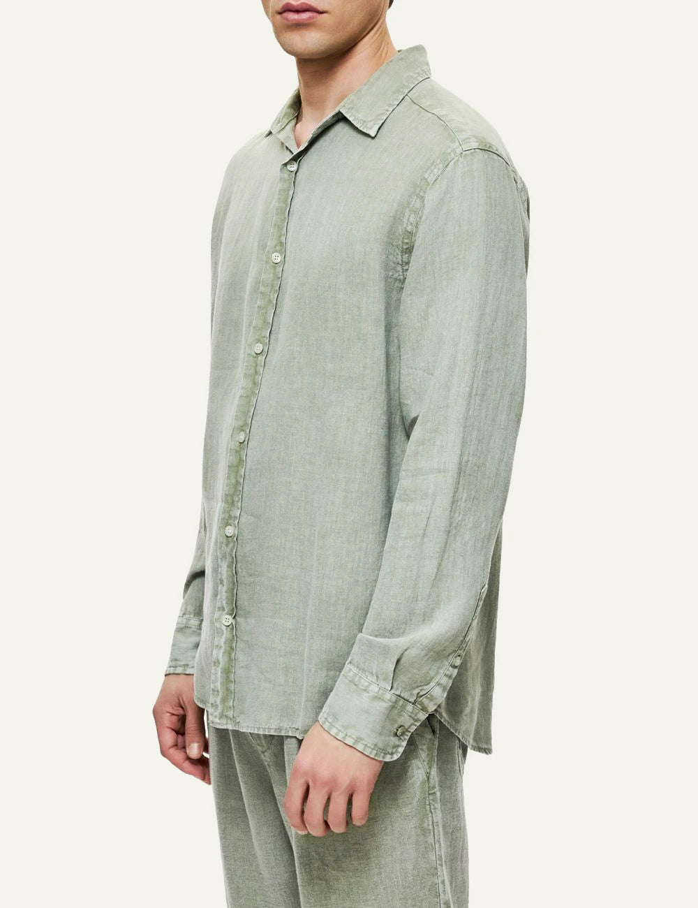 Dirty Laundry linen long sleeve shirt sage green regular fit side model view