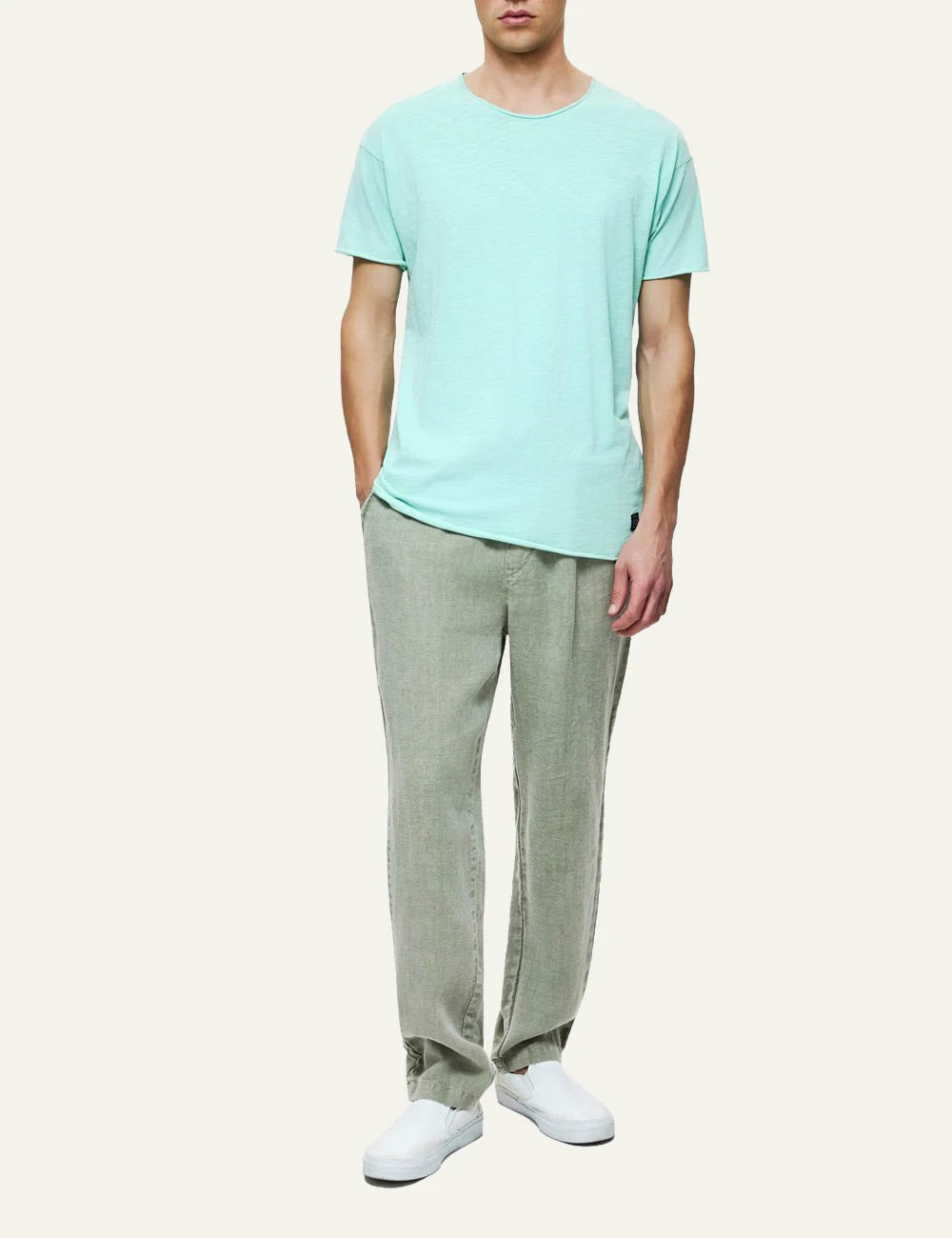 dirty laundry linen pants khaki relaxed fit elastic waist front full body view