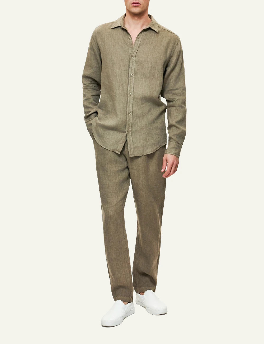 dirty laundry linen shirt khaki long sleeve regular fit front full body view