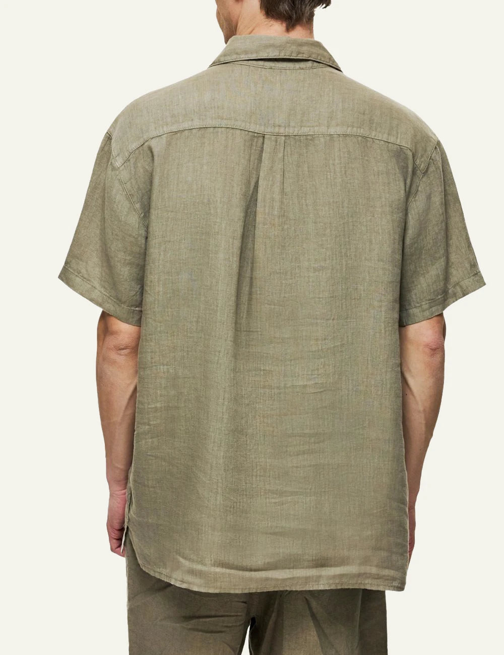 Dirty Laundry linen short sleeve shirt olive relaxed fit back model view