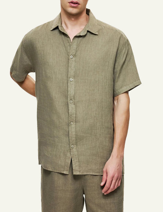 Dirty Laundry linen short sleeve shirt olive relaxed fit front model view