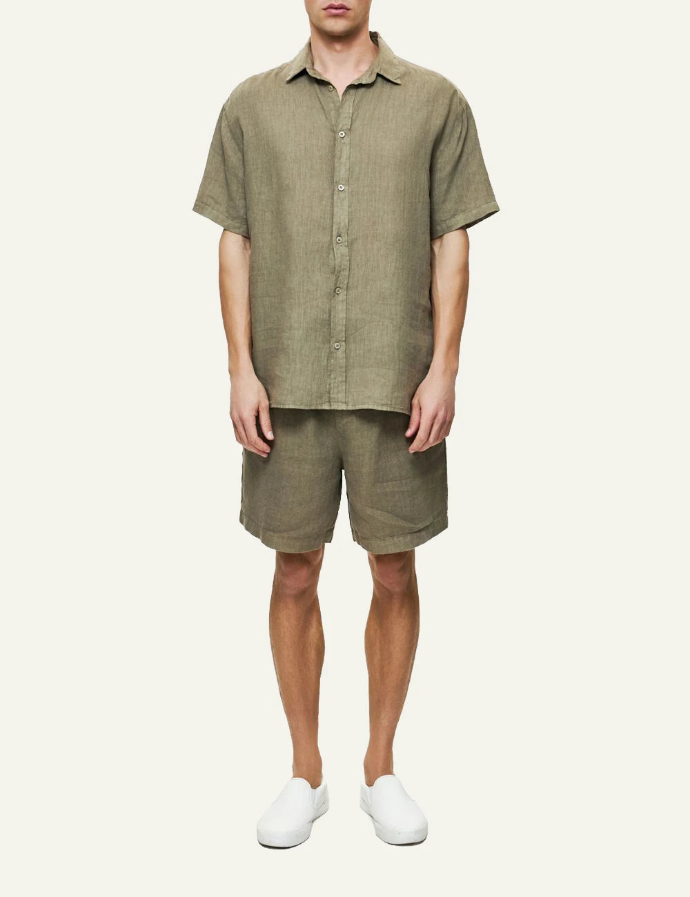 Dirty Laundry linen short sleeve shirt olive relaxed fit front full body view