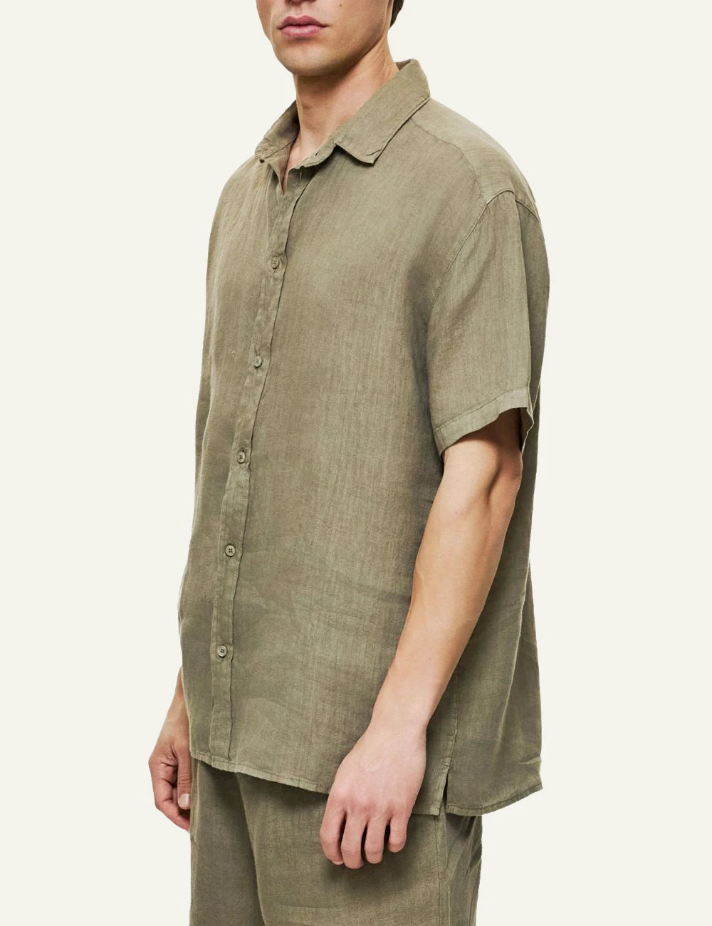 Dirty Laundry linen short sleeve shirt olive relaxed fit side model view
