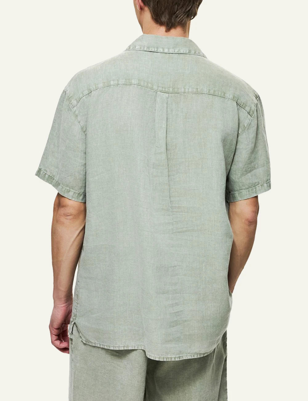 Dirty Laundry linen short sleeve shirt sage green relaxed fit back model view