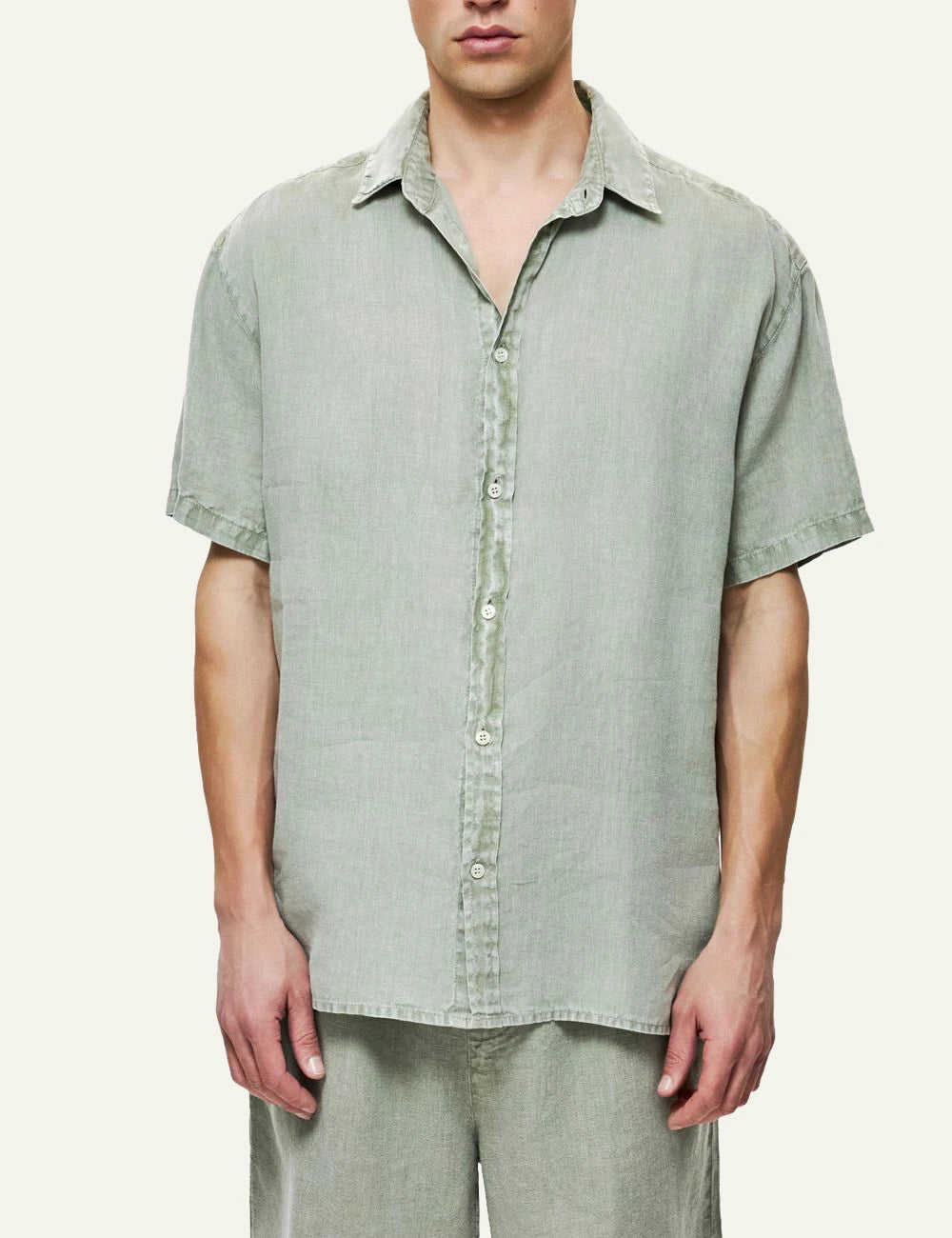 Dirty Laundry linen short sleeve shirt sage green relaxed fit front model view