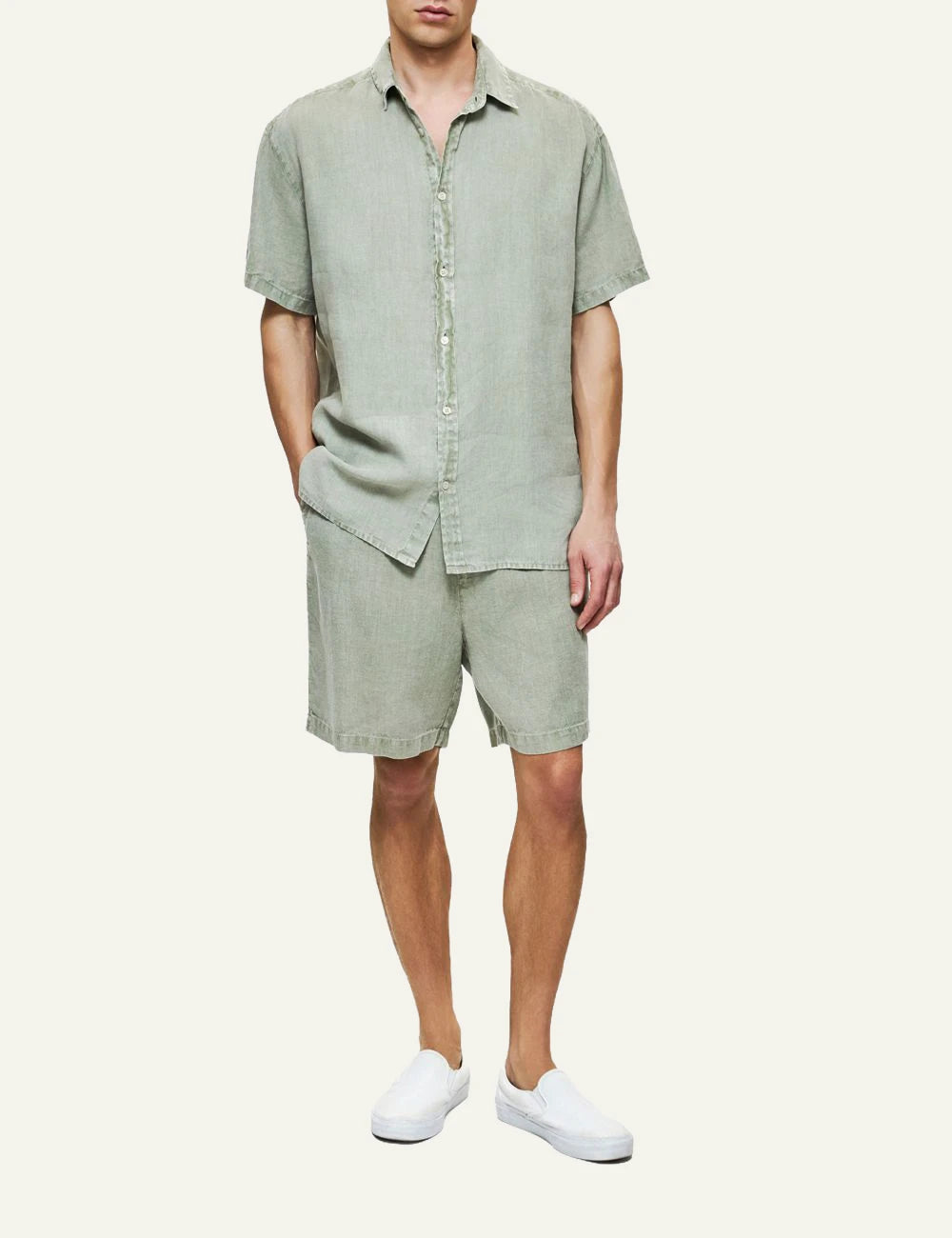 Dirty Laundry linen short sleeve shirt sage green relaxed fit front full body model view