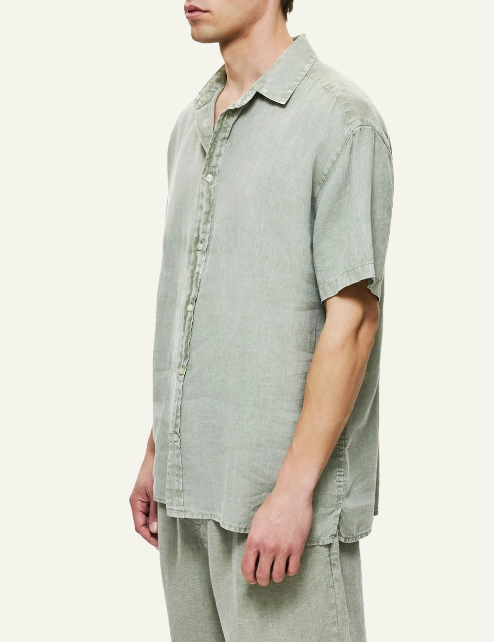 Dirty Laundry linen short sleeve shirt sage green relaxed fit side model view