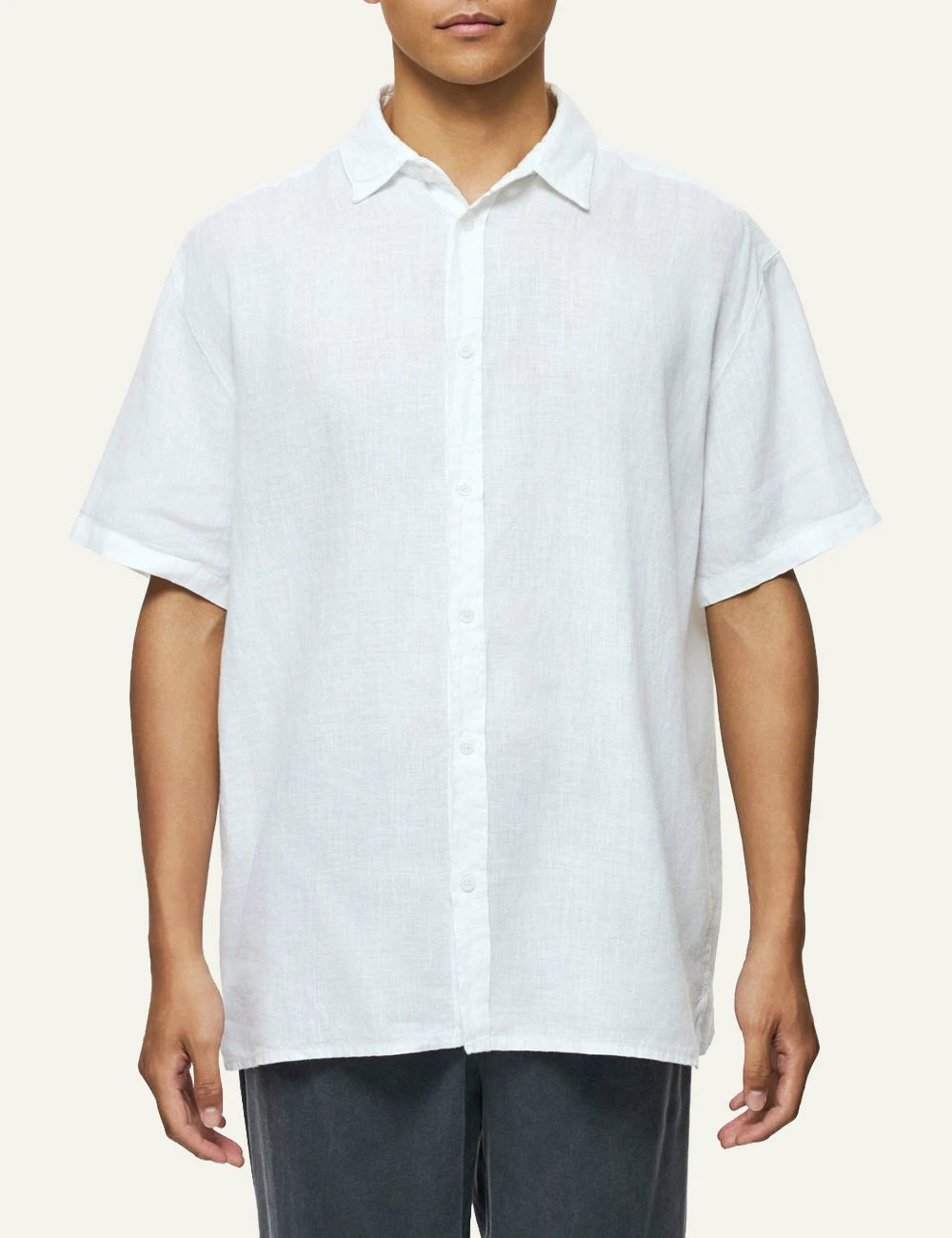 Dirty Laundry linen short sleeve shirt white relaxed fit front model view