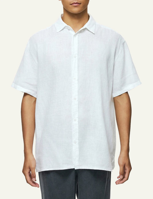 Dirty Laundry linen short sleeve shirt white relaxed fit front model view