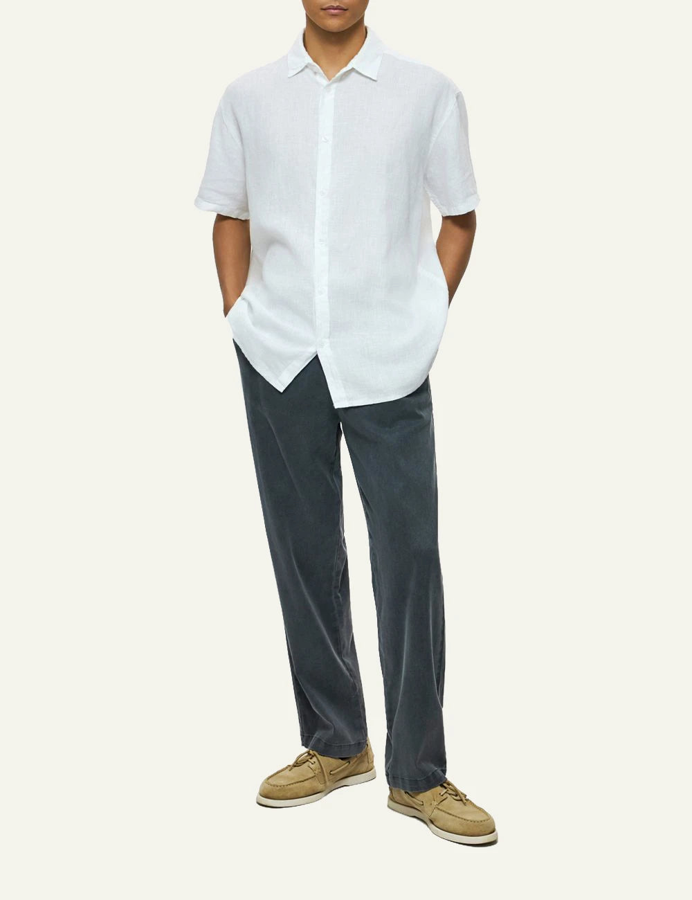 Dirty Laundry linen short sleeve shirt white relaxed fit front full body model view