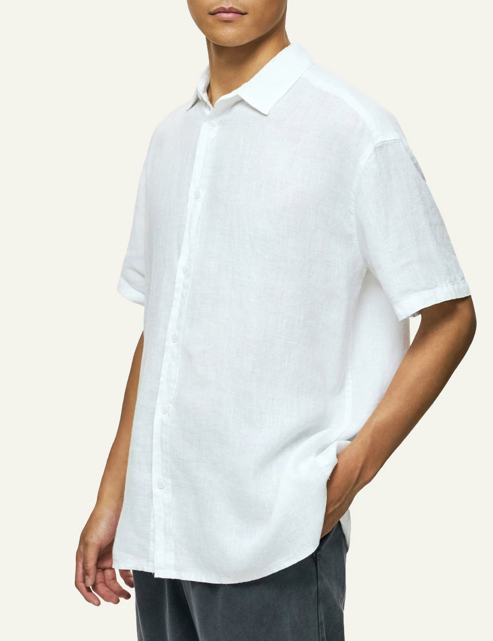 Dirty Laundry linen short sleeve shirt white relaxed fit side model view