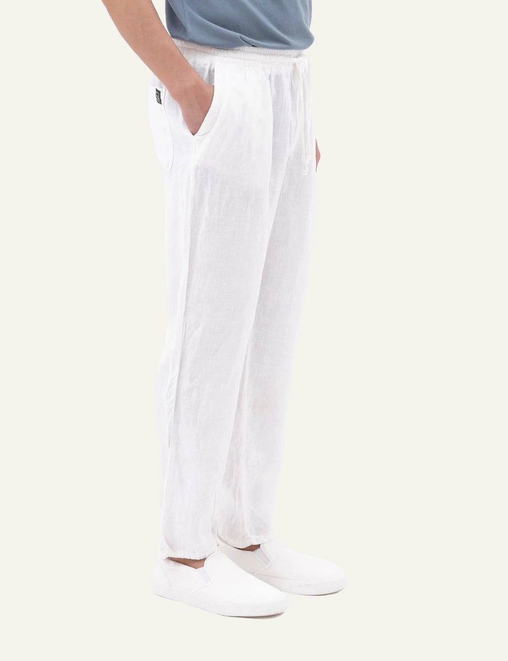Dirty Laundry linen trousers white relaxed fit drawstring waist side model view