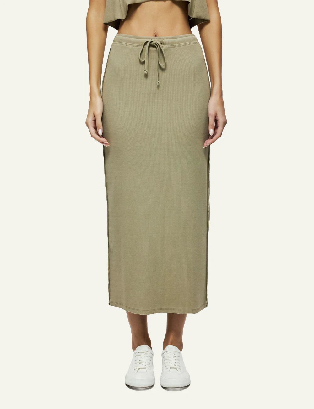 dirty laundry maxi rib skirt khaki elastic waist front model view