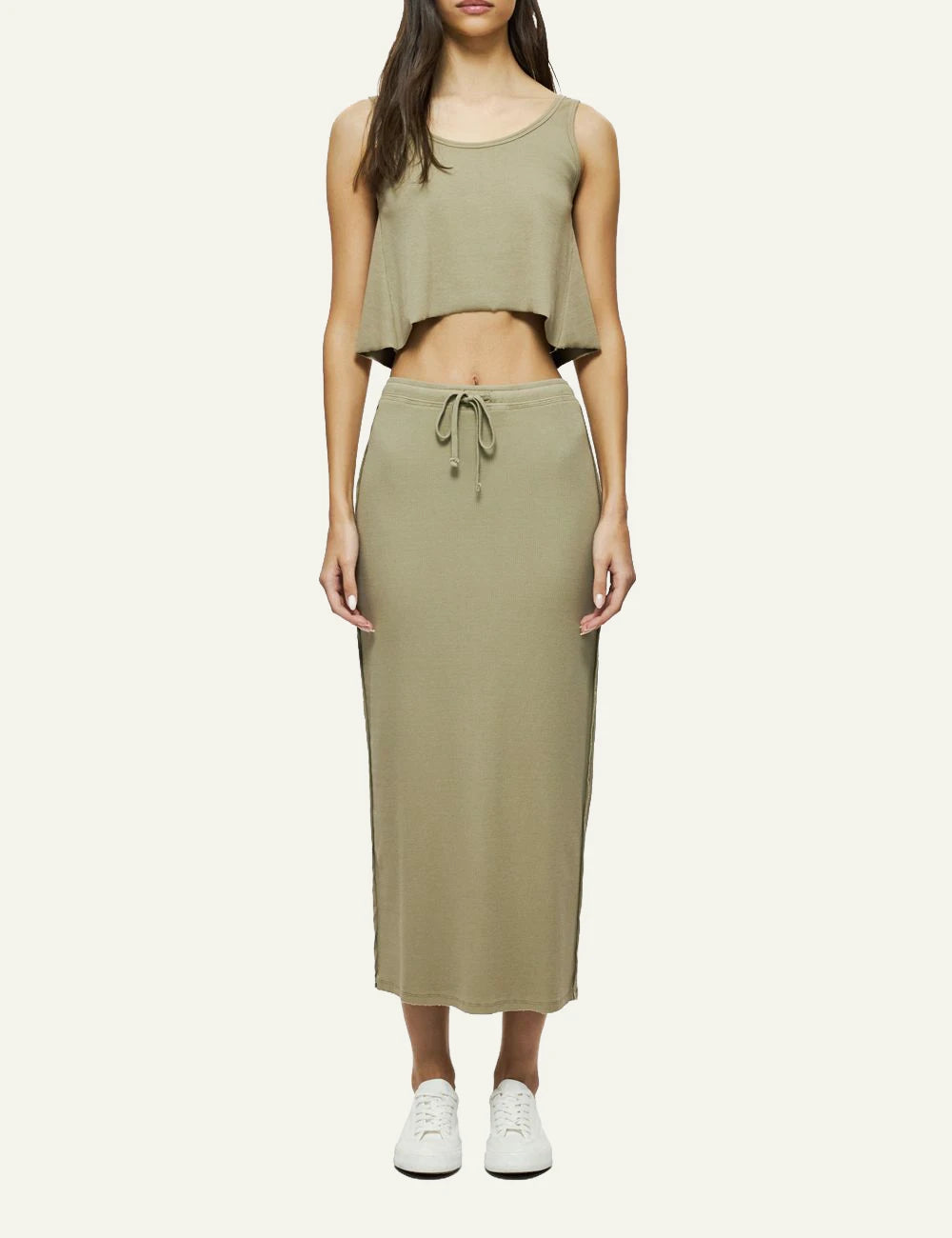 dirty laundry maxi rib skirt khaki elastic waist front full body model view