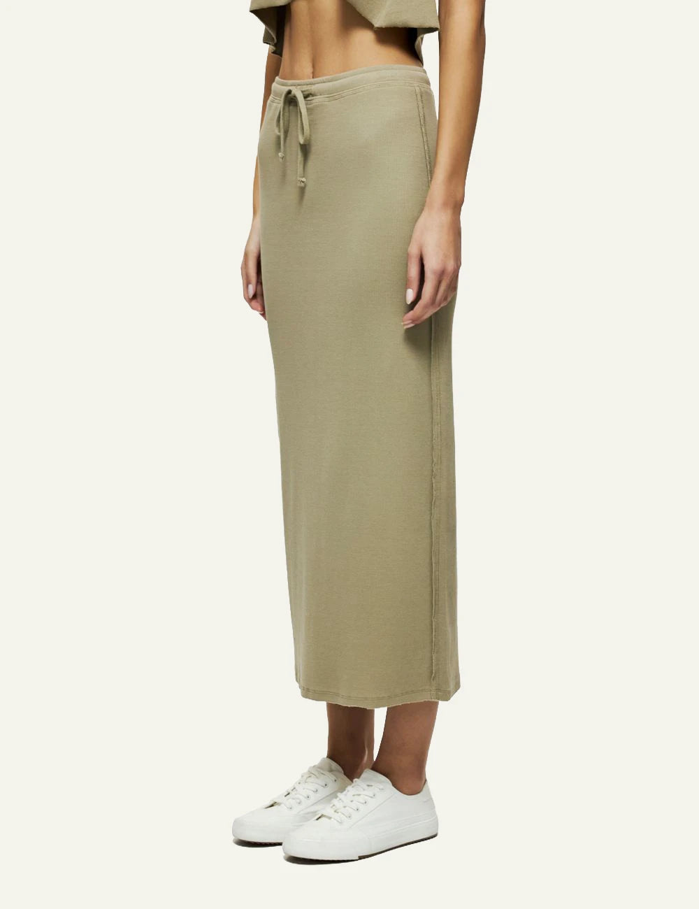 dirty laundry maxi rib skirt khaki elastic waist side model view