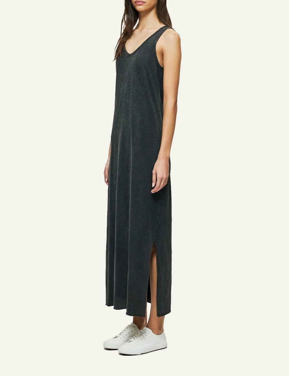 dirty laundry maxi tank dress black washed sleeveless relaxed fit side slit  model view