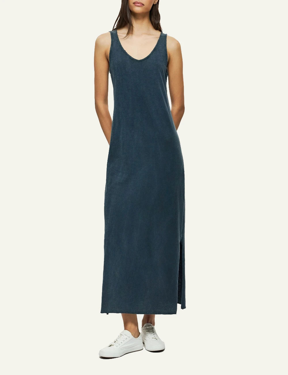 dirty laundry maxi tank dress blue sleeveless relaxed fit side slit front model view