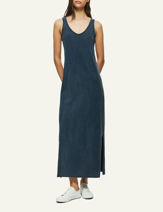 dirty laundry maxi tank dress blue sleeveless relaxed fit side slit front model view