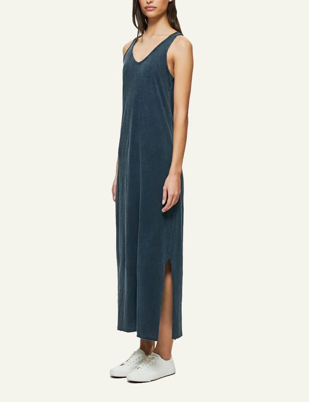dirty laundry maxi tank dress blue sleeveless relaxed fit side slit side model view