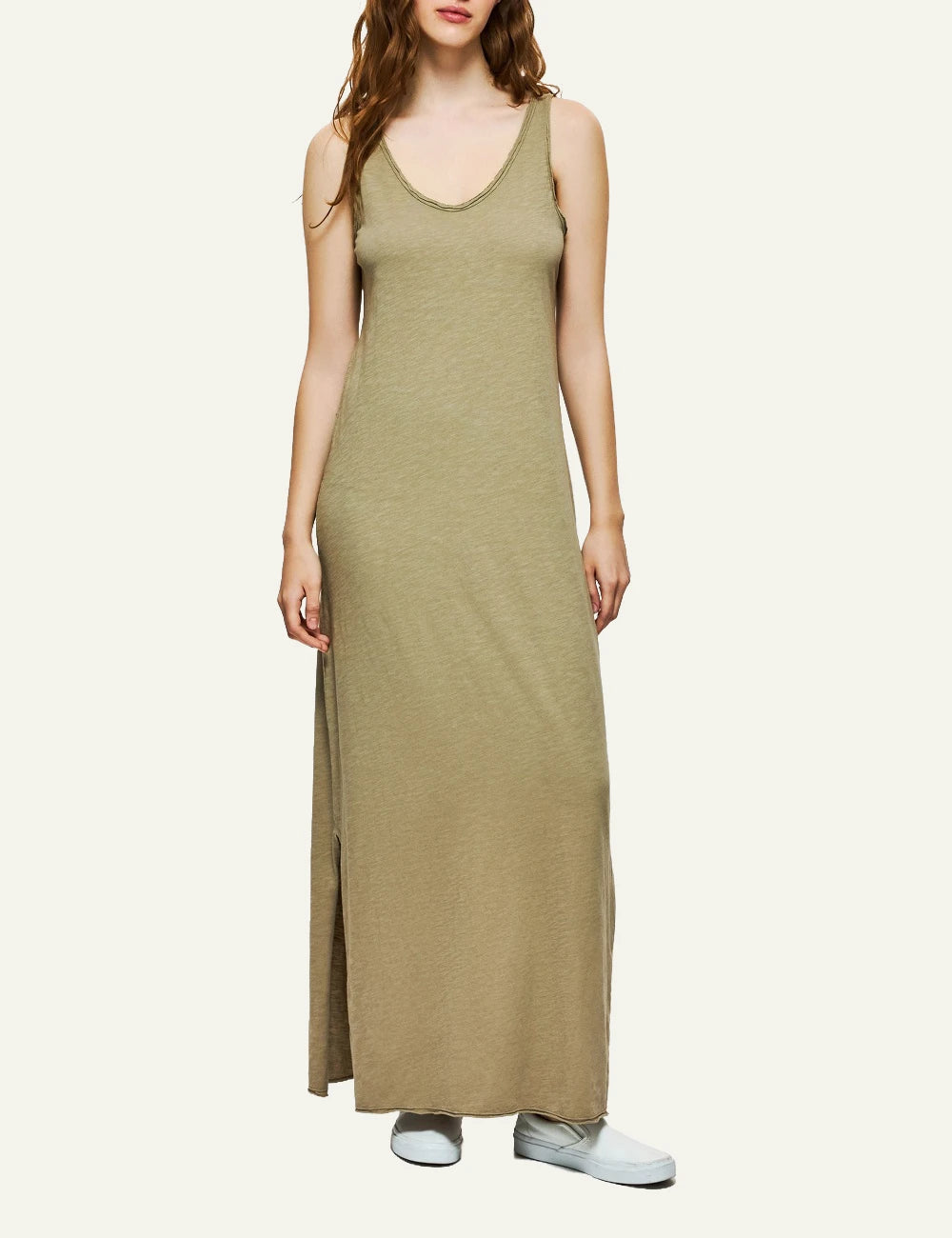 dirty laundry maxi tank dress khaki sleeveless relaxed fit side slit front model view