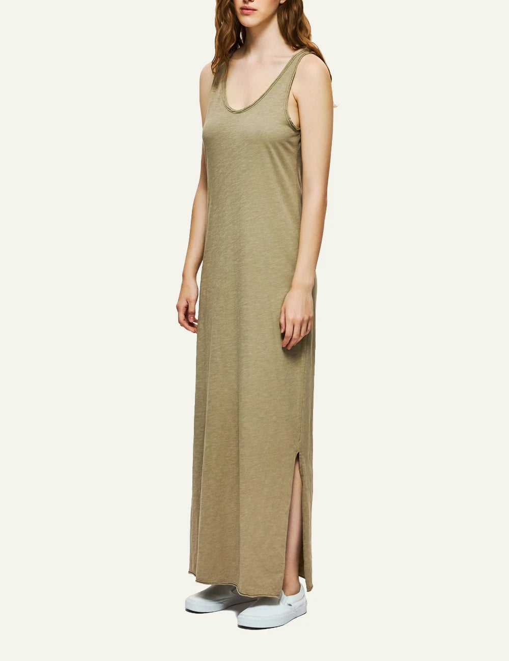 dirty laundry maxi tank dress khaki sleeveless relaxed fit side slit side model view