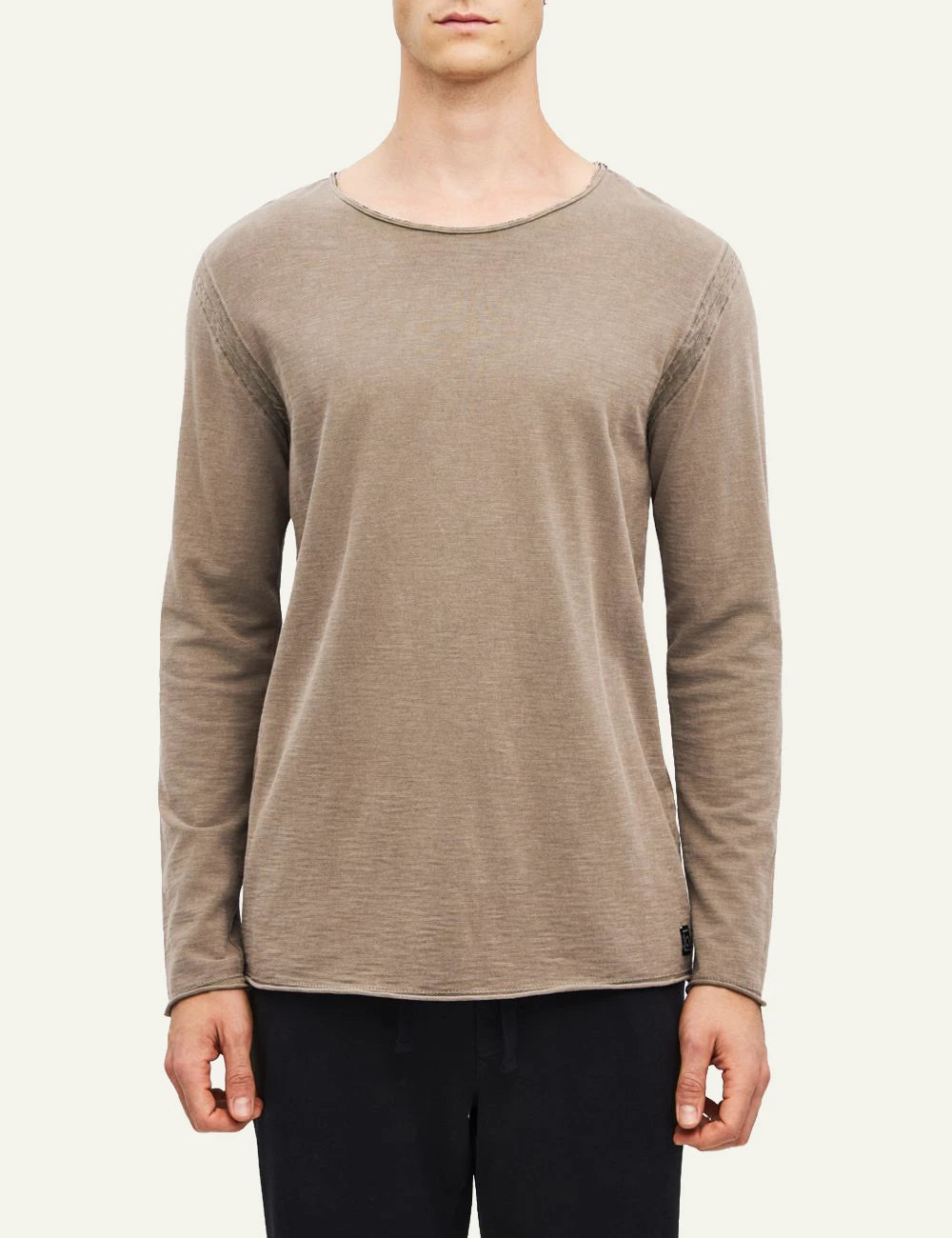 Men's Dirty Laundry beige brown cotton long sleeve top with raw edge details