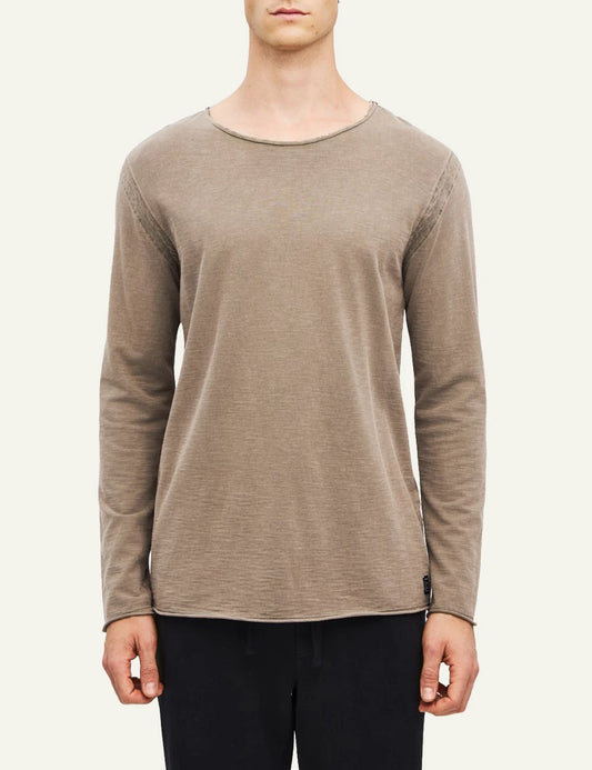 Men's Dirty Laundry beige brown cotton long sleeve top with raw edge details