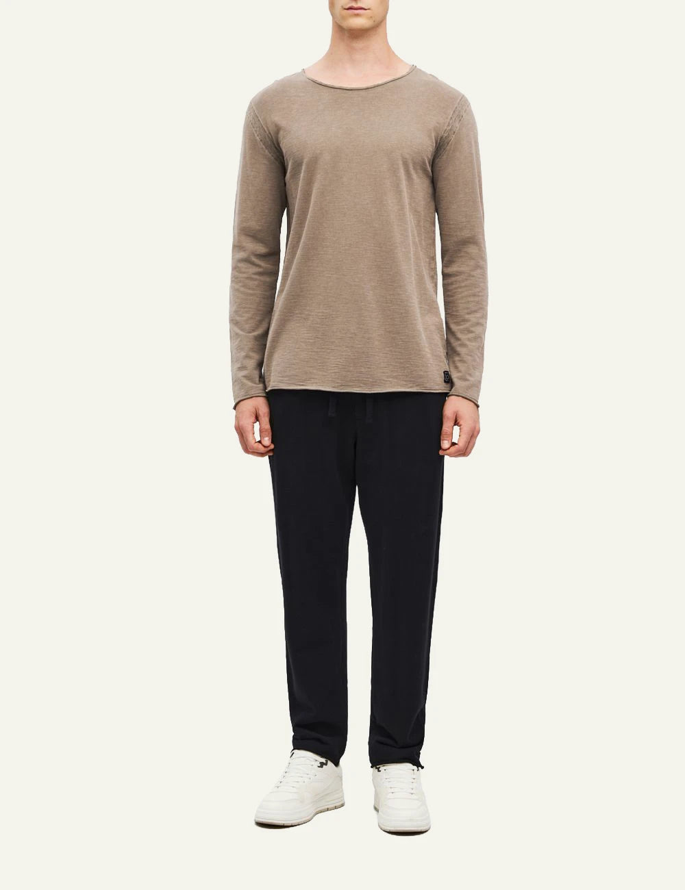 Men's Dirty Laundry beige brown cotton long sleeve top with raw edge details full body