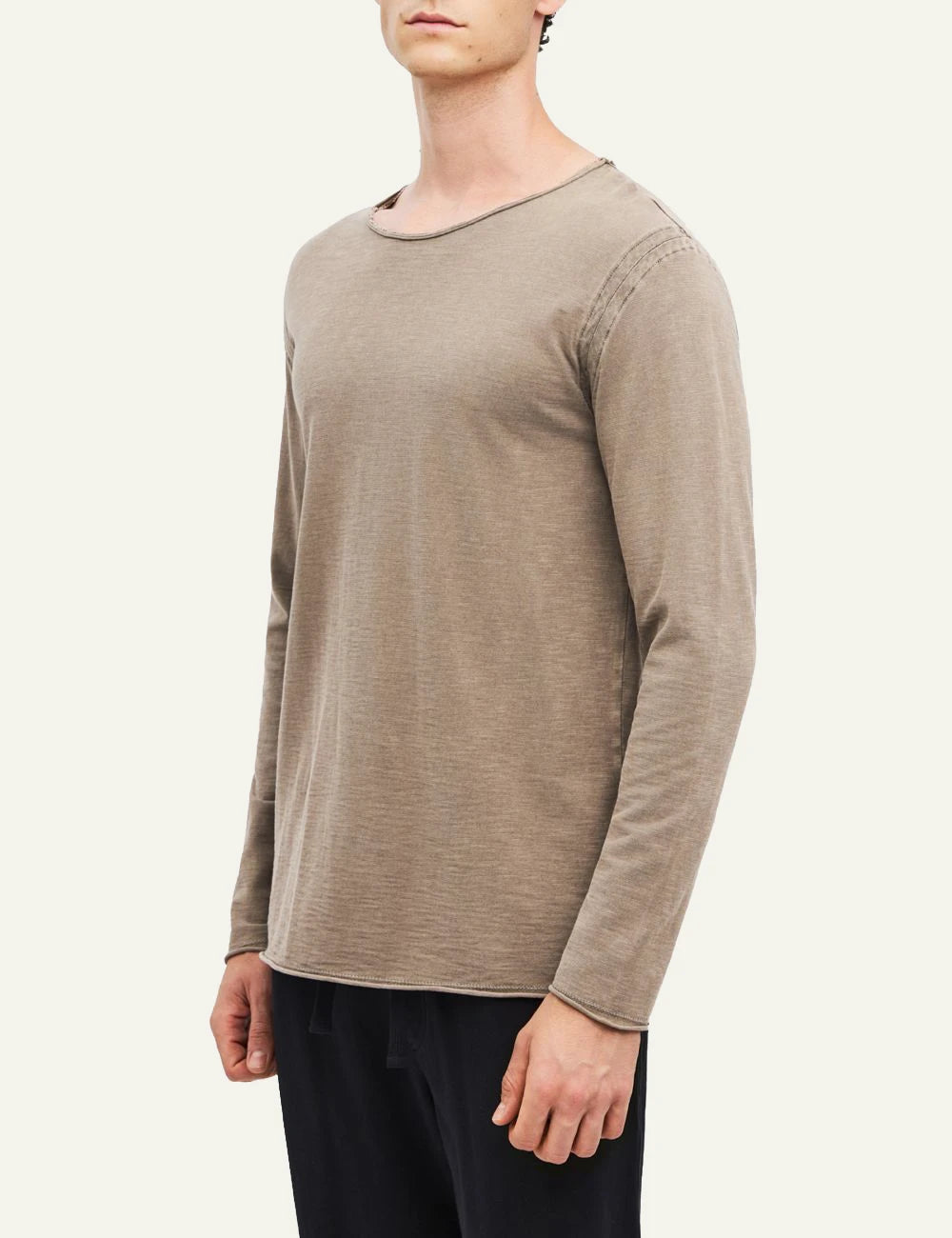 Men's Dirty Laundry beige brown cotton long sleeve top with raw edge details side
