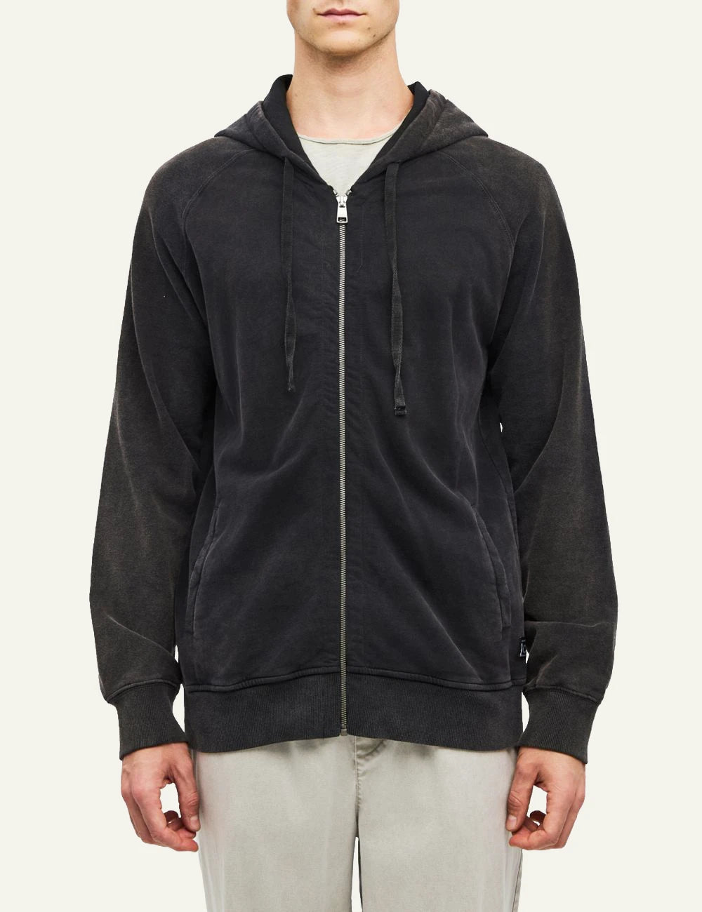 Men's Dirty Laundry black full zip hooded sweatshirt with raglan sleeves and faded finish