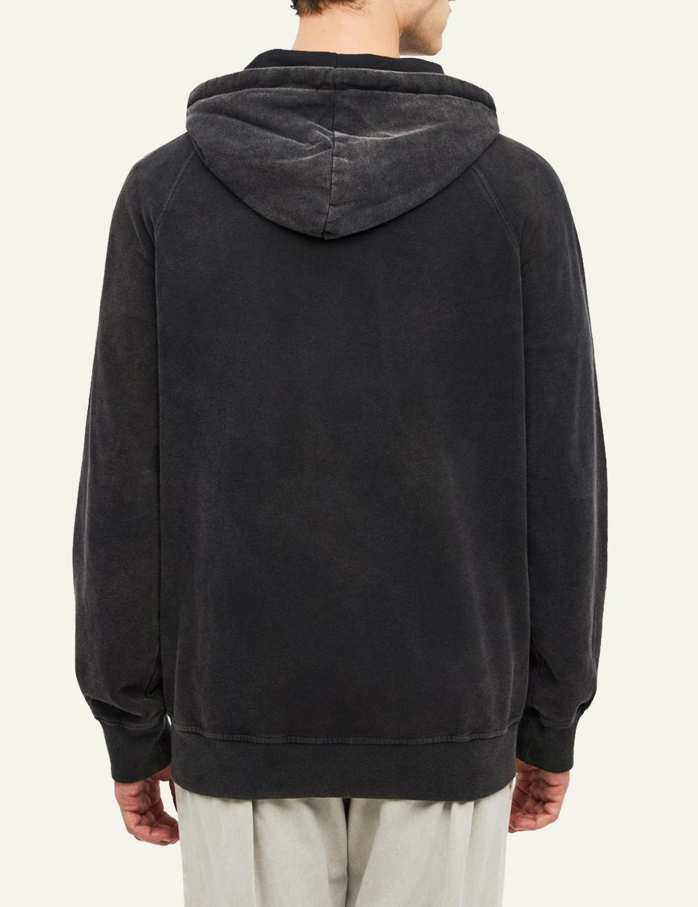 Men's Dirty Laundry black full zip hooded sweatshirt with raglan sleeves and faded finish back