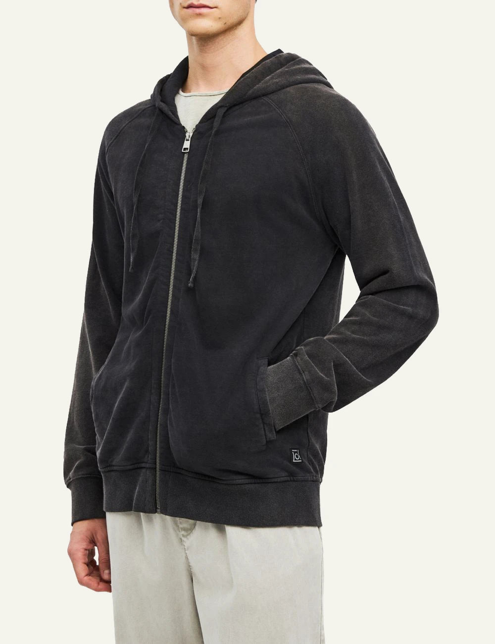 Men's Dirty Laundry black full zip hooded sweatshirt with raglan sleeves and faded finish side