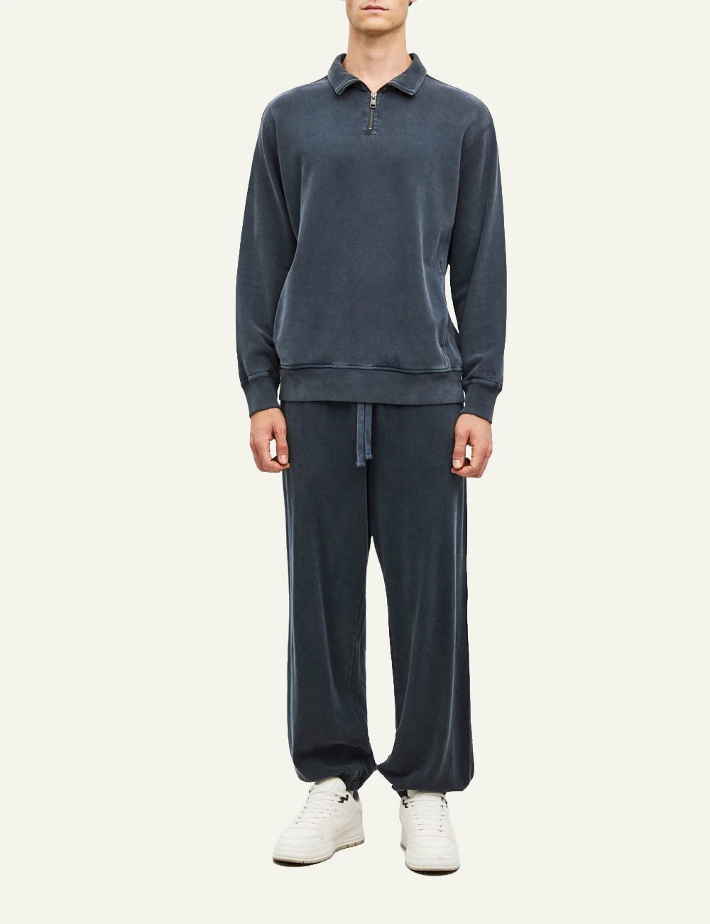 Men's Dirty Laundry dark blue half zip sweatshirt with collar and faded finish full body