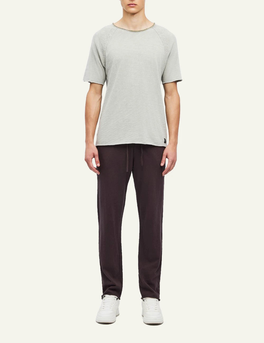 Men's Dirty Laundry dark burgundy cotton sweatpants with drawstring waist and raw edges full body