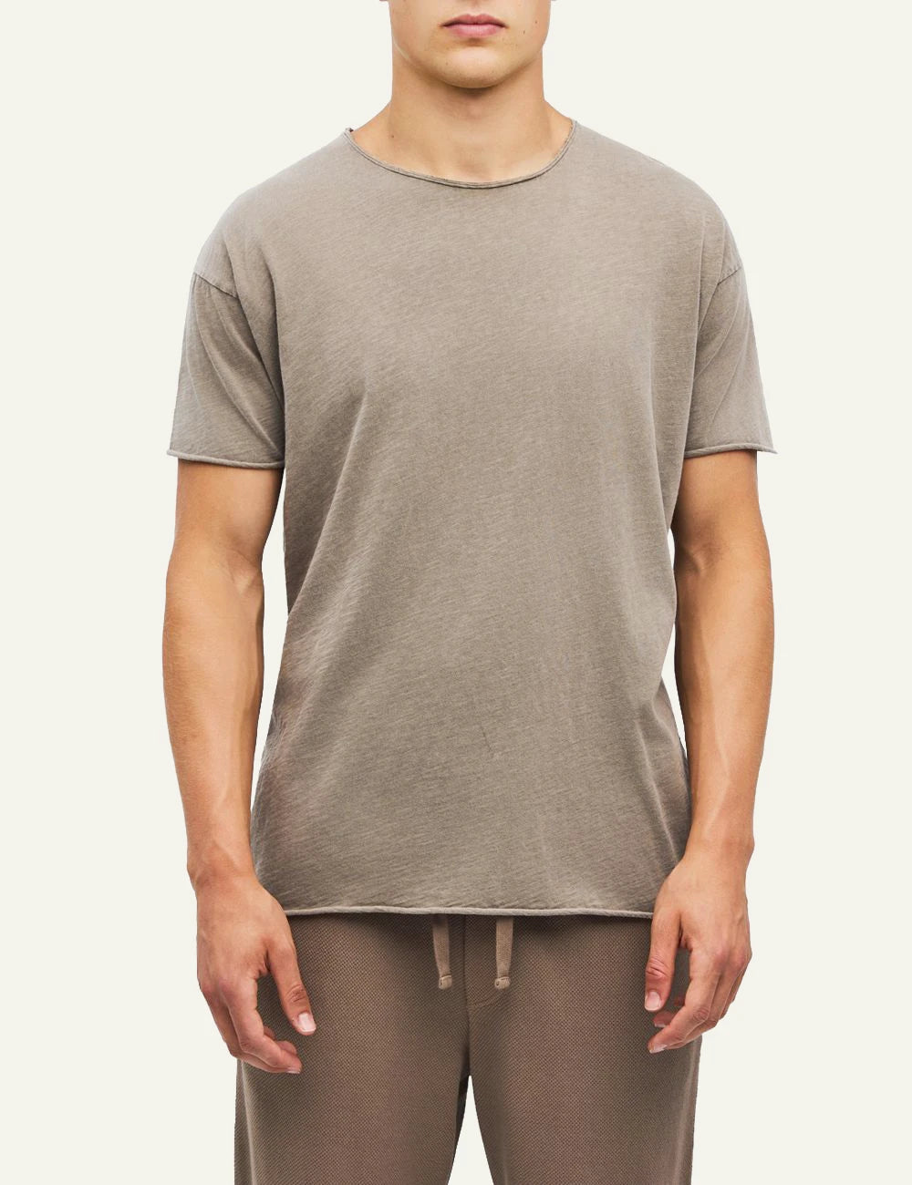 Men's Dirty Laundry taupe cotton T-shirt with relaxed fit and raw edge details